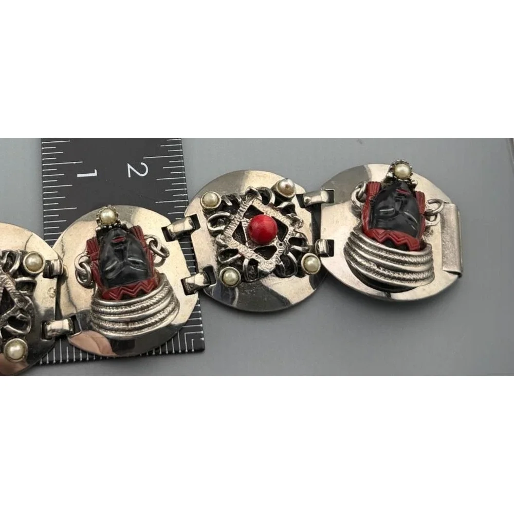 Vintage Mask Link Bracelet Silver Tone Black Face Mask Statement Boho 7.5
